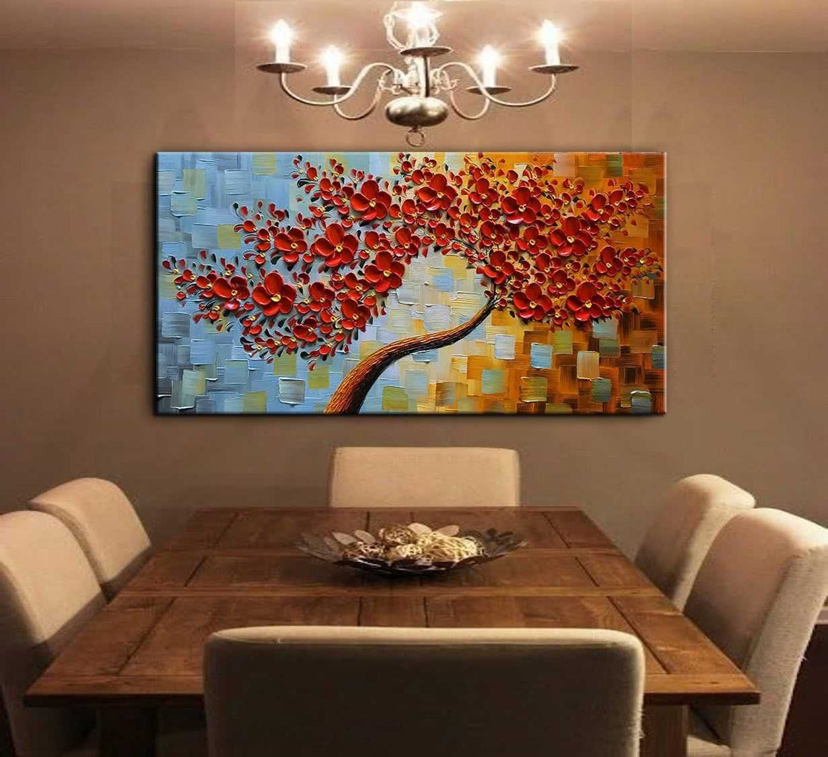Vibrant 3D Red Floral Canvas Art - Hand-Painted Modern Abstract Decor for Living Spaces