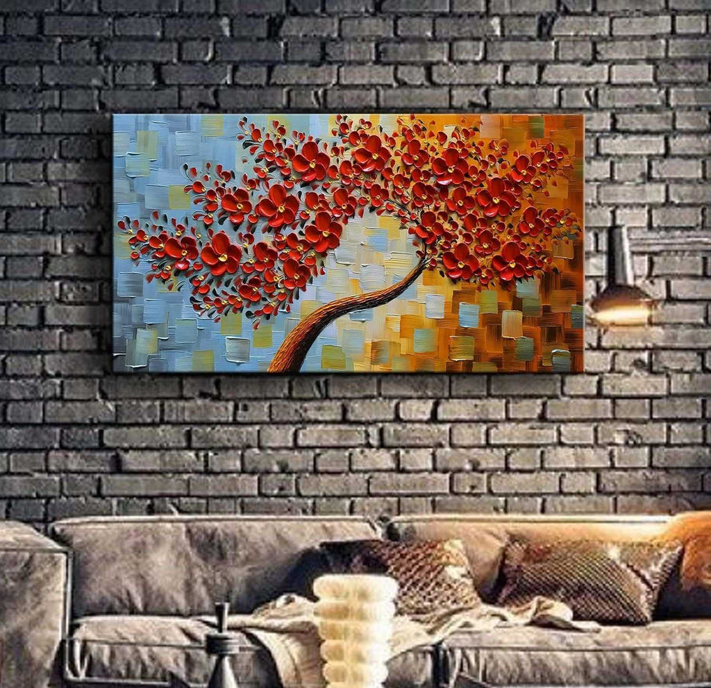 Vibrant 3D Red Floral Canvas Art - Hand-Painted Modern Abstract Decor for Living Spaces