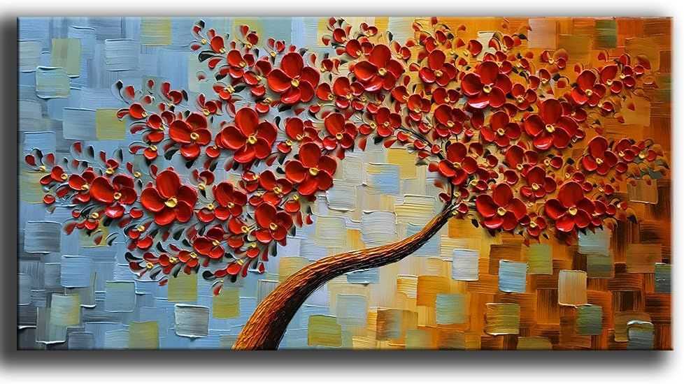 Vibrant 3D Red Floral Canvas Art - Hand-Painted Modern Abstract Decor for Living Spaces