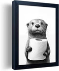 Bathroom Picture Wall Decor, Framed Black and White Bathroom Wall Art, Toilet Paper in Little Funny Raccoon's Hand Canvas Print Painting