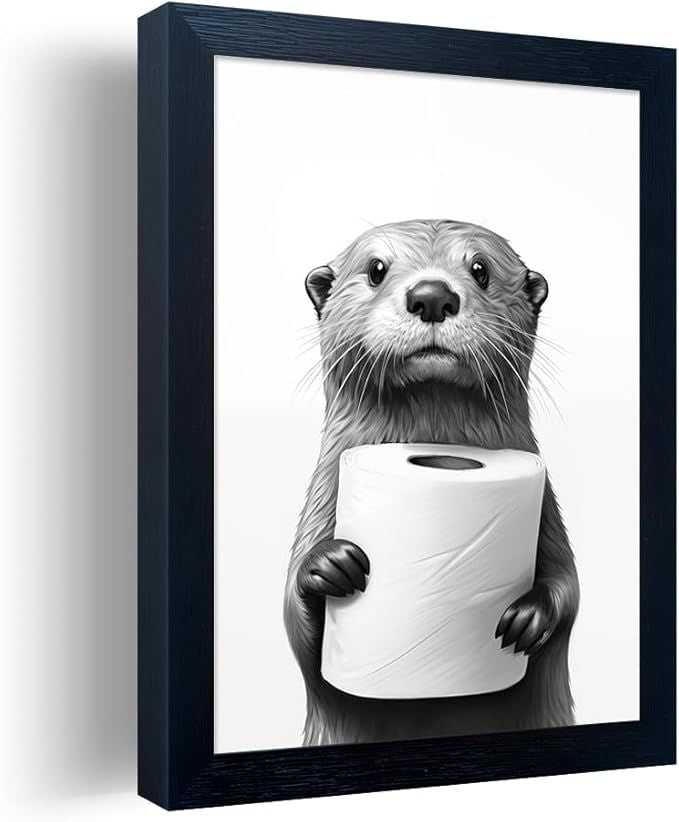 Bathroom Picture Wall Decor, Framed Black and White Bathroom Wall Art, Toilet Paper in Little Funny Raccoon's Hand Canvas Print Painting