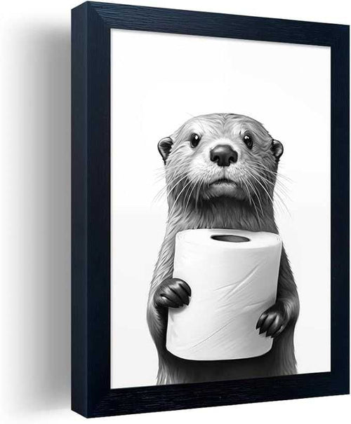 Bathroom Picture Wall Decor, Framed Black and White Bathroom Wall Art, Toilet Paper in Little Funny Raccoon's Hand Canvas Print Painting