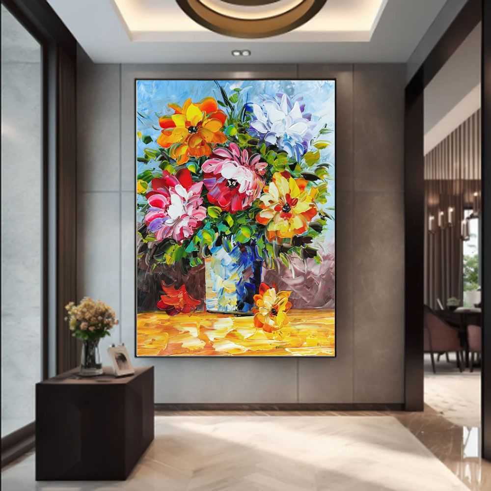 Vase of Colorful Flowers - Hand Painted Palette Knife Flower Oil Painting On Canvas Thick Paints Heavy Texture