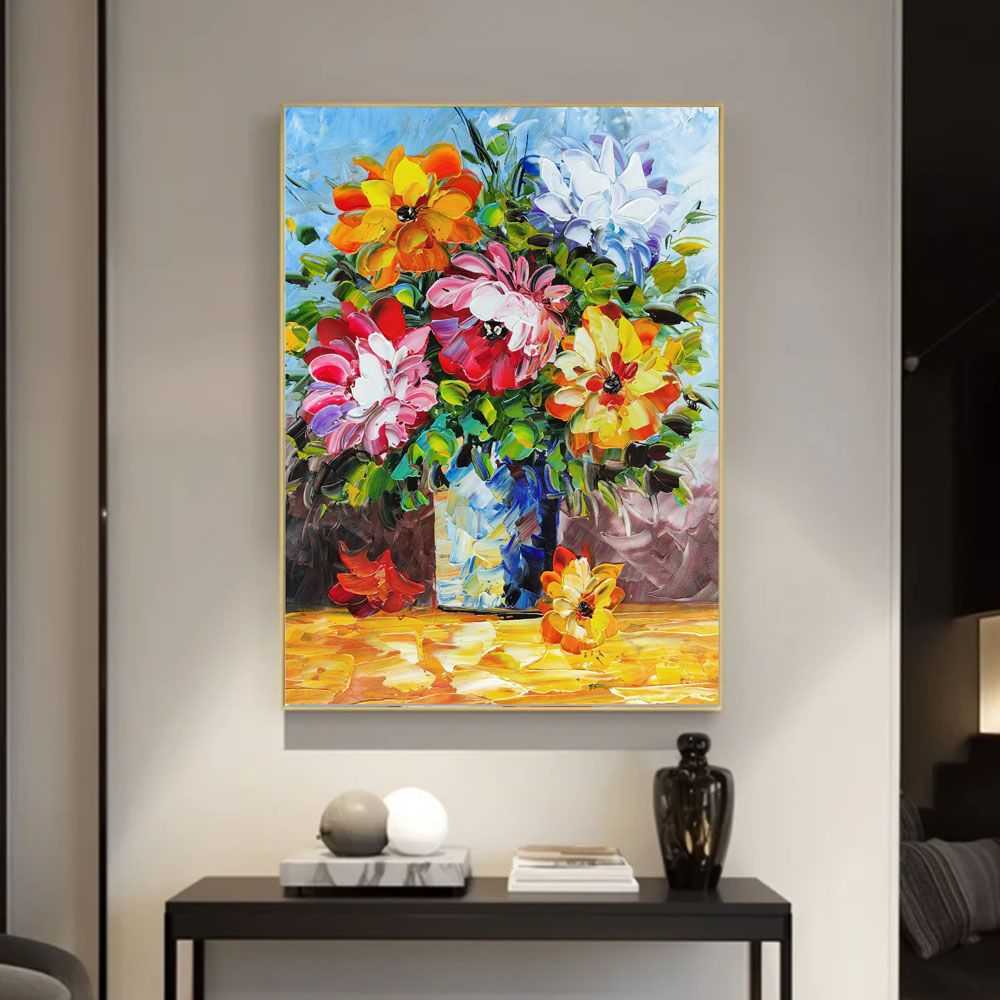 Vase of Colorful Flowers - Hand Painted Palette Knife Flower Oil Painting On Canvas Thick Paints Heavy Texture