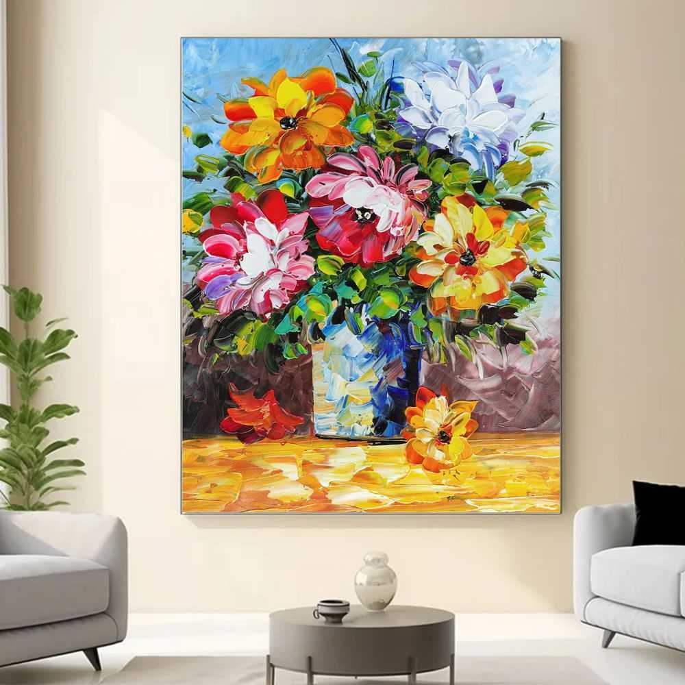 Vase of Colorful Flowers - Hand Painted Palette Knife Flower Oil Painting On Canvas Thick Paints Heavy Texture