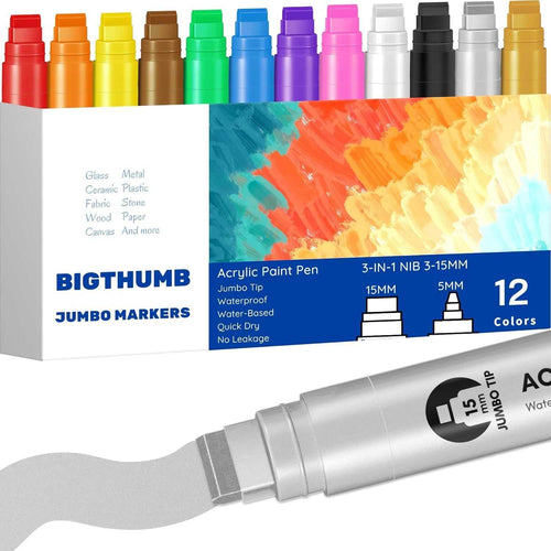 Jumbo Poster Markers Set: 12 Colors Large 15mm Wide Tip Permanent Ink Thick Acrylic Paint Pens for Rock Painting, Stone, Glass, Wood, Ceramic, Metal, Plastic, Fabric