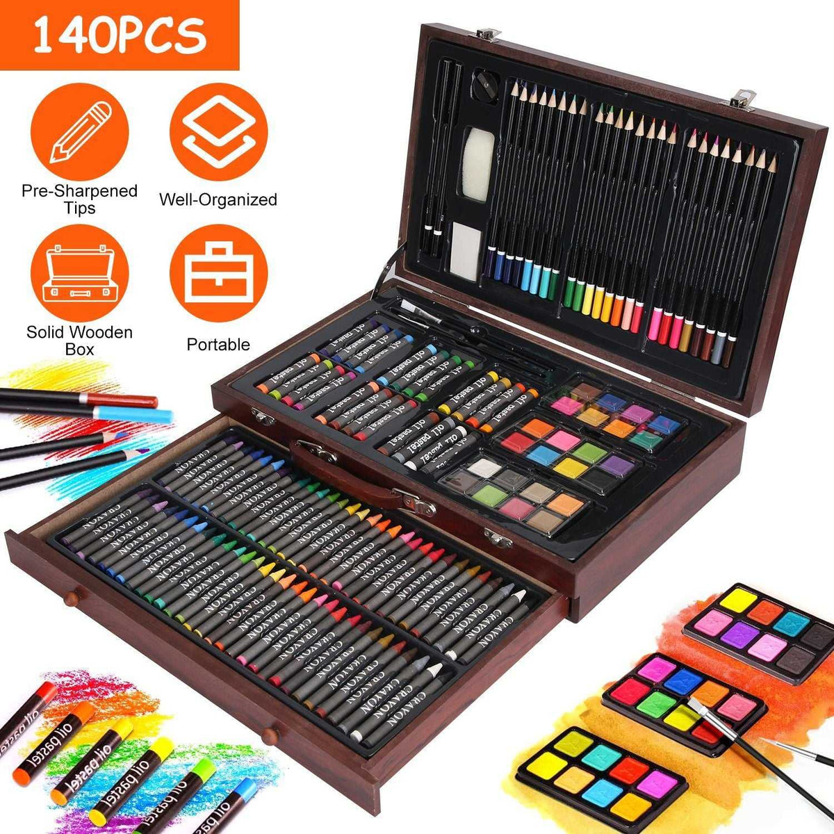 Spark Creativity with Our 140-Piece Art Set in a Stylish Wooden Storage Box