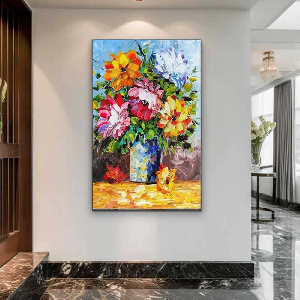 Vase of Colorful Flowers - Hand Painted Palette Knife Flower Oil Painting On Canvas Thick Paints Heavy Texture